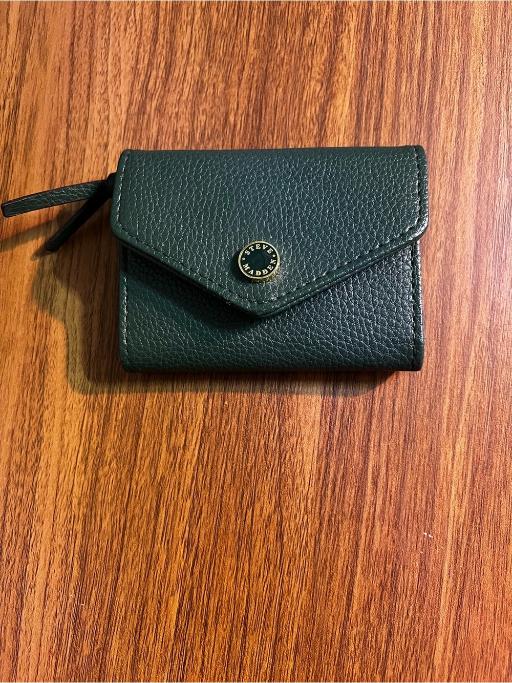 Steve Madden Dark Green Pebbled Leather Compact Wallet with Gold Logo